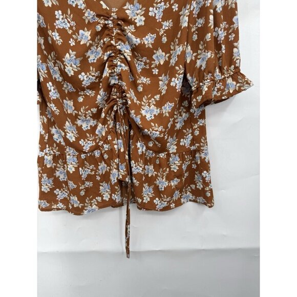 Pleione Floral Blouse Women Medium Rust Orange Cinch Front Peasant Bohemian - Picture 6 of 6